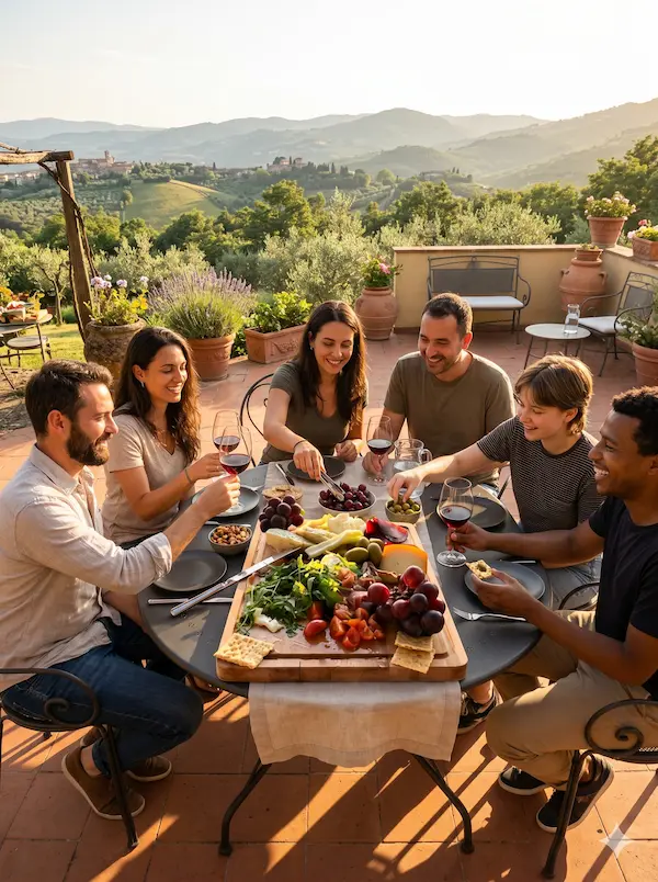 Amigos compartiendo una tabla de picoteo en una terraza al atardecer