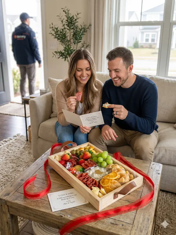 Pareja recibiendo una tabla Tablikesos de regalo a domicilio
